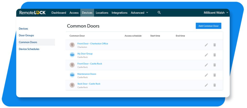 RemoteLock software screenshot showing common doors screen.
