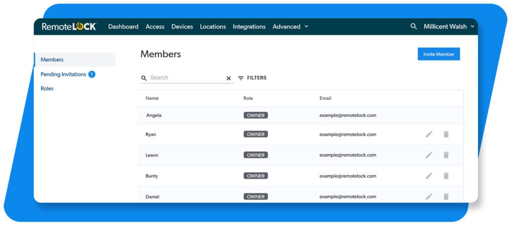 RemoteLock Software screenshot showing the Members and Roles screen where you can share your account or devices.