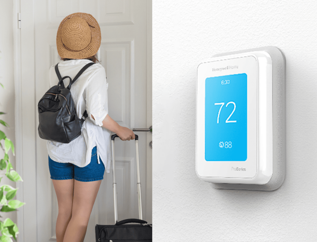 The image is split into two sections. On the left, a woman with a hat, backpack, and luggage is entering a home through a door. On the right, a modern Honeywell Home thermostat is mounted on the wall, displaying a temperature of 72°F with a sleek digital interface. The image suggests a focus on smart home technology and travel convenience.